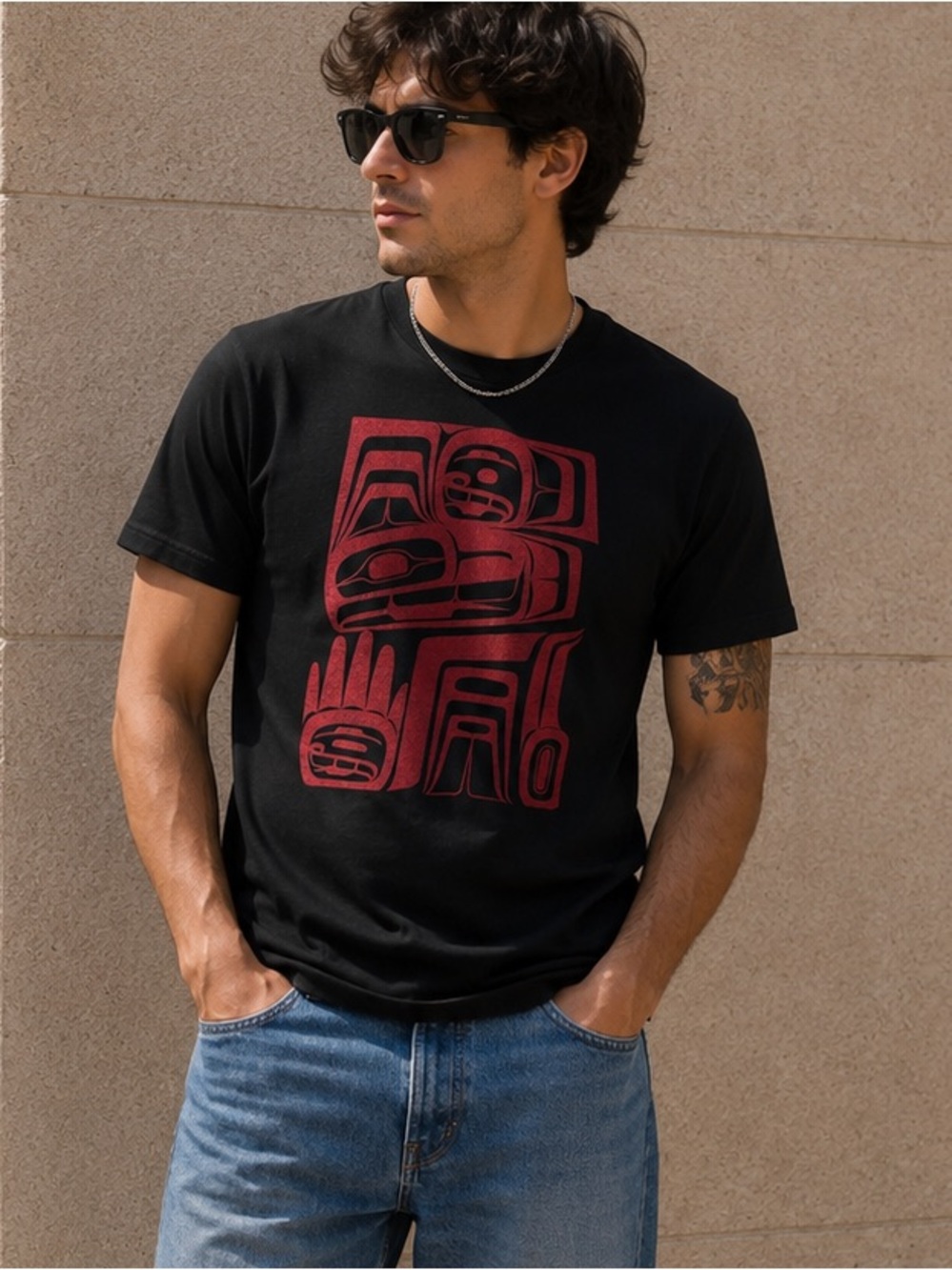 Native Northwest Indigenous Art Graphic T-Shirt Black Totem Design Medium